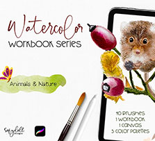 极品Procreate笔刷－40支用于动物和大自然的水彩画笔：Watercolor Workbook – Animal
